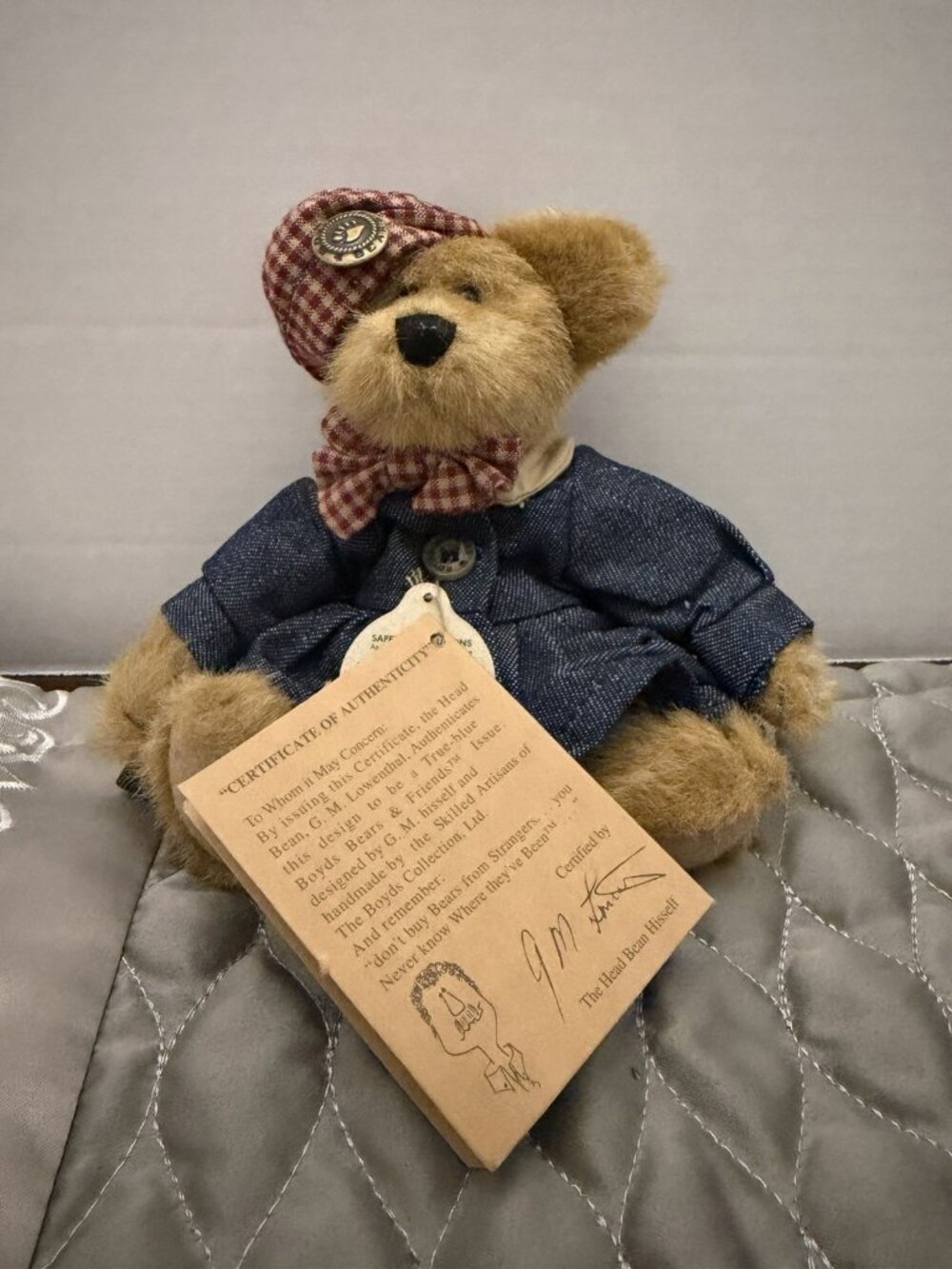Boyds Bears & Friends 6" Girl Bear in Denim Dress and Gingham Cap 